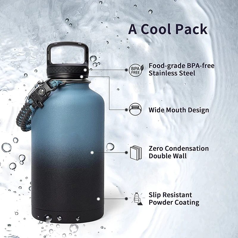 Big Sports Jug Custom Logo 64 Oz Insulated Stainless Steel Outdoor Half Gallon Water Bottle with Paracord Handle
