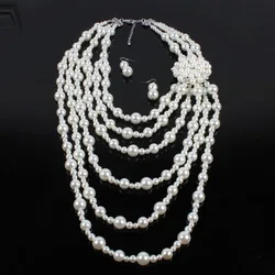 Multilayer Strand Simulated Faux Pearl Statement Long Sweater Chain Necklace and Earrings Set