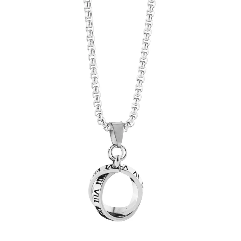 Custom Retro Punk Titanium Steel Pendant Letter Circle Double Ring Necklace For Men