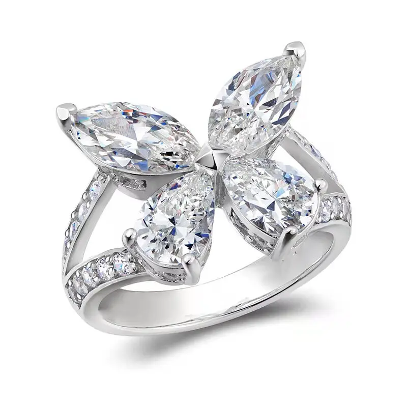 Jewelry Designer Rhodium Plated 925 Sterling Sliver Marquise Pear Cut Cubic Zirconia Butterfly Ring For Women