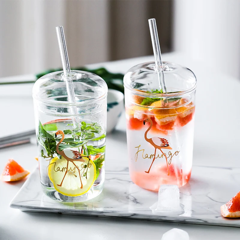 Customize OEM Logo Printing Borosilicate Glass Drinking Cups With Straw