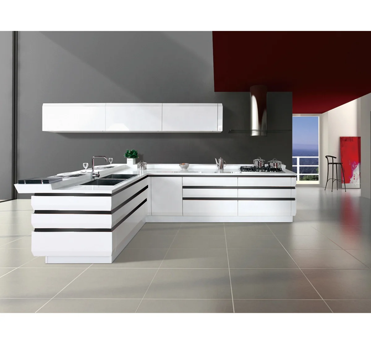 NICOCABINET MDF Custom High Gloss White Lacquer Electric Press to Open Kitchen Cabinet Made In China