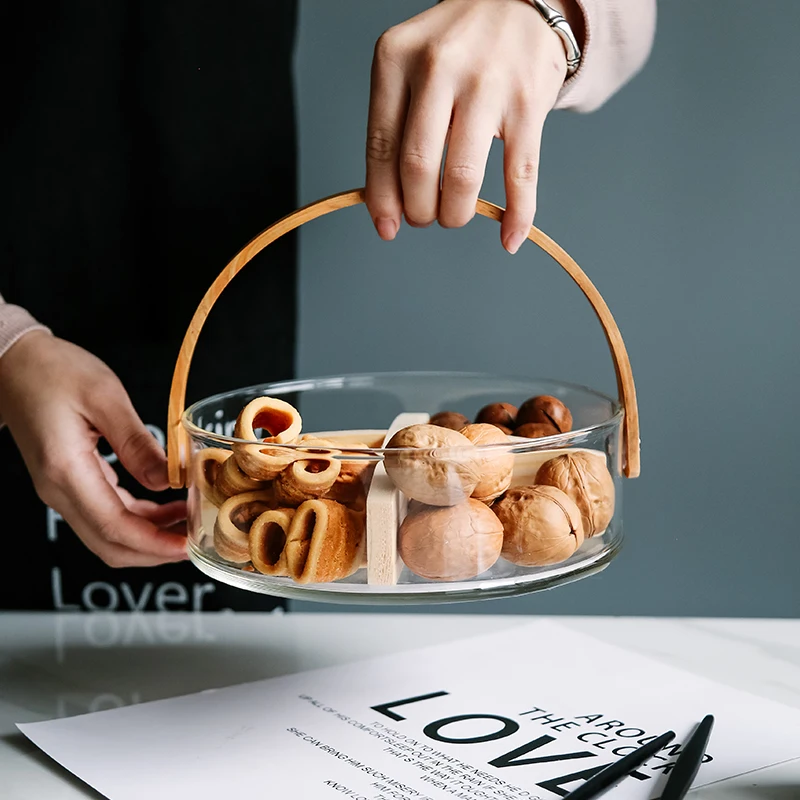 Wholesale Customized  OEM Tempered Ice Bucket Stackable Glass Fruit Storage Basket With Wooden Handle