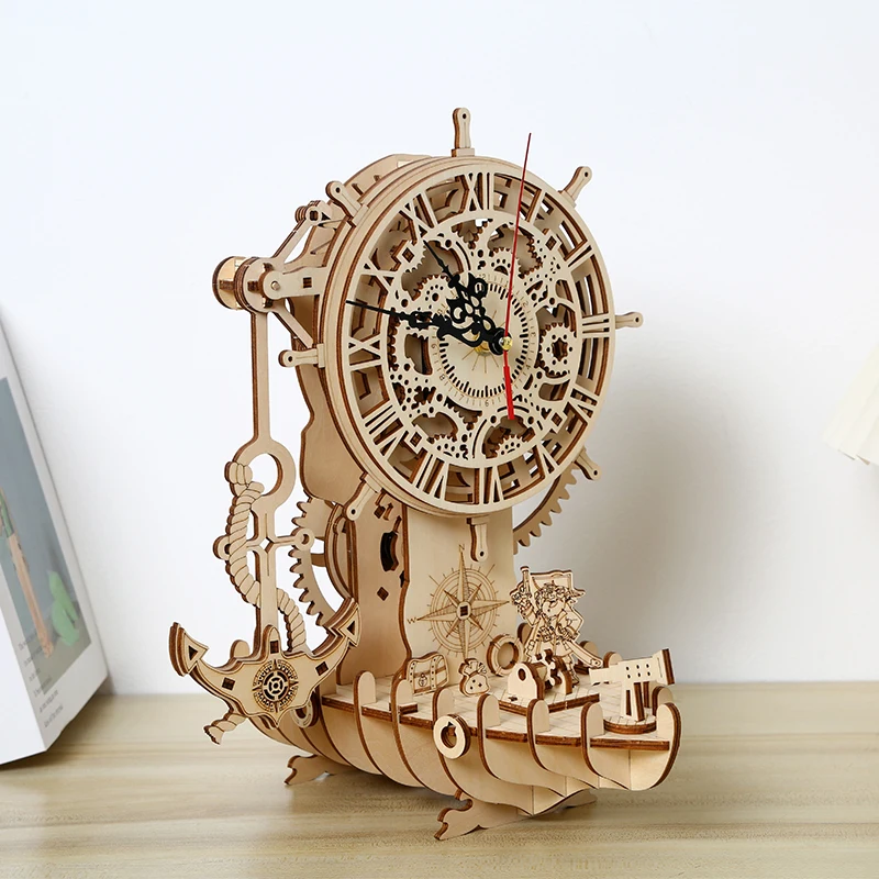 Educational Model Building Kits Clock Gear Pirate ship Clockwork DIY Handmade Toys Wooden 3D Jigsaw Puzzle