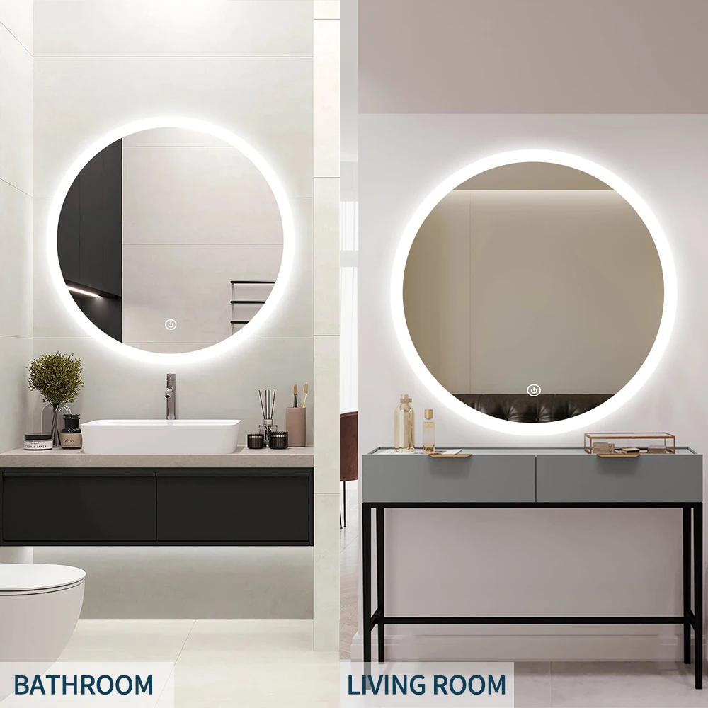 Factory wholesale smart hotel lighted round mirror anti fog wall bathroom led mirror with music features bath mirrors
