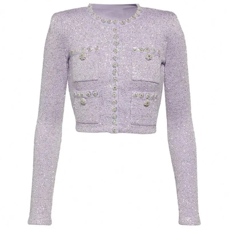 Bettergirl 2023 autumn and winter purple pearl knitted short coat pleated skirt 2 pieces suit sales only coat