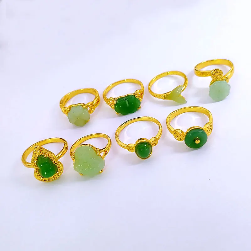 Vintage Style Chinese Gold Jade Ring Gold Plated Ring Zircon Mix Bulk Gemstone Opening Adjustable Ring