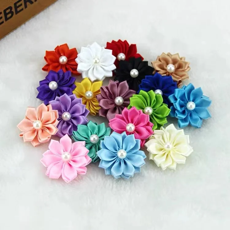 Цветы ручной работы атласная лента цветы с жемчугом для продажи украшения платья