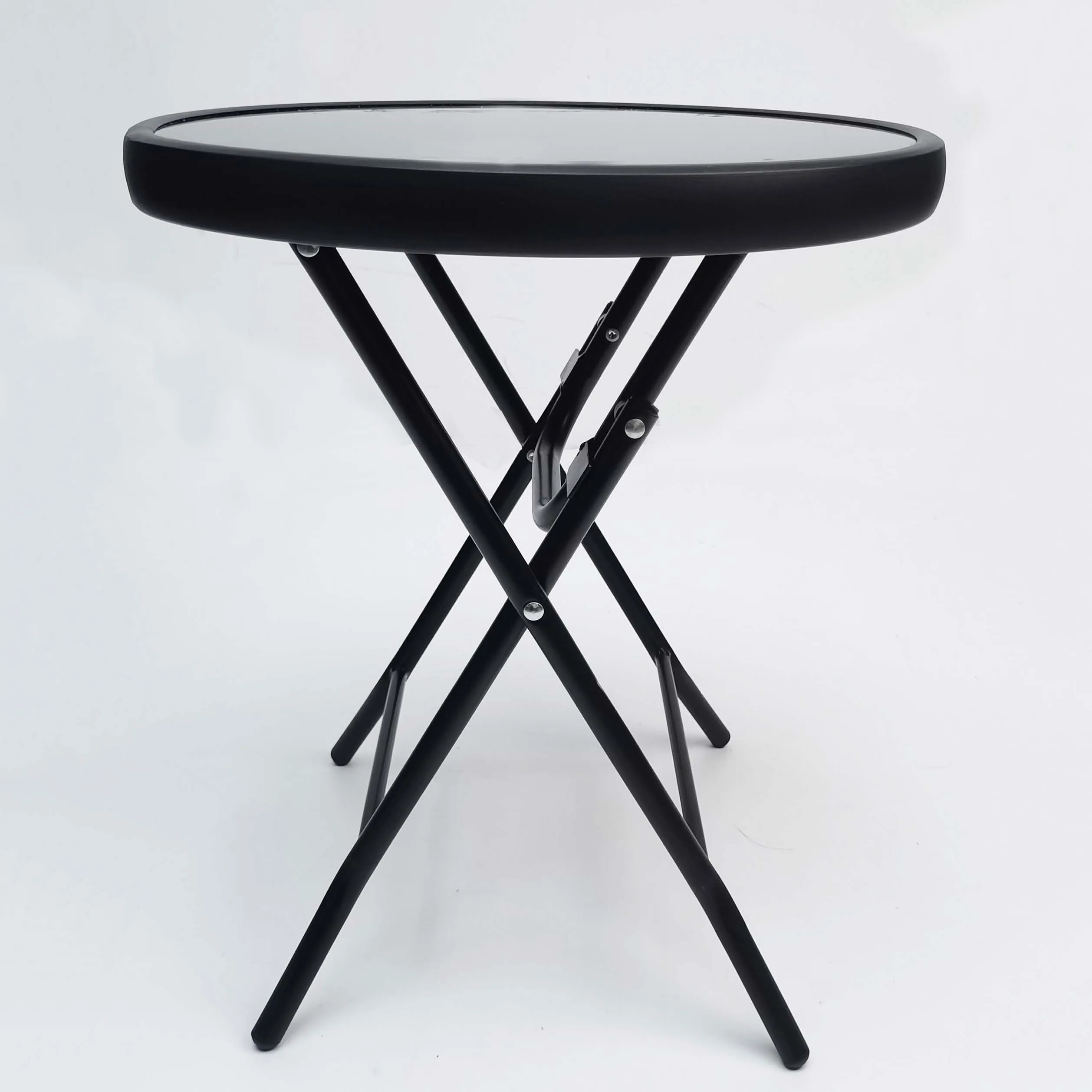 Hot Selling Round Shape Stainless Steel Folding Table Portable Outdoor Coffee Table Bistro Top Temper Glass Table