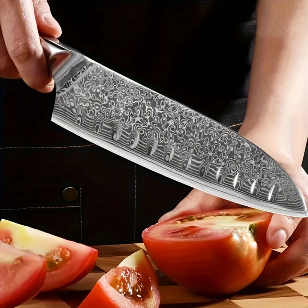7 Inch Damascus Stainless Steel Professional Japanese Santoku Kitchen Knife with Abalone Shell Ergonomic Handle