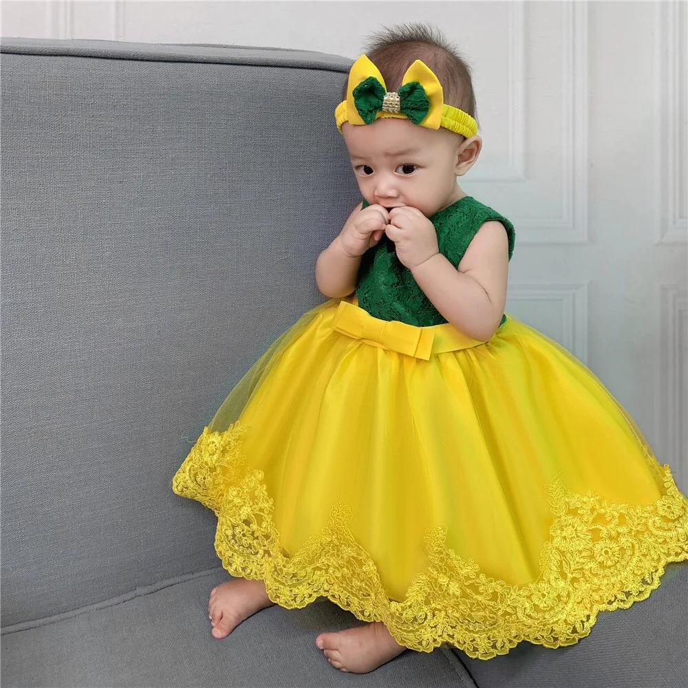 Wholesale lace bow headbands baby toddler dresses 1 years baby girl dresses baby party dress