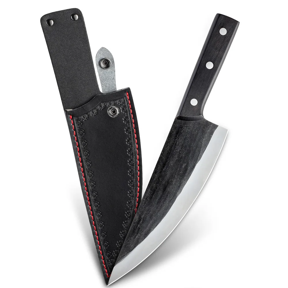 Belt Loop Portable Hunting Camping Outdoor Cooking Full Tang Wood Handle 8 Inch Serbian Chef Knife With Cover