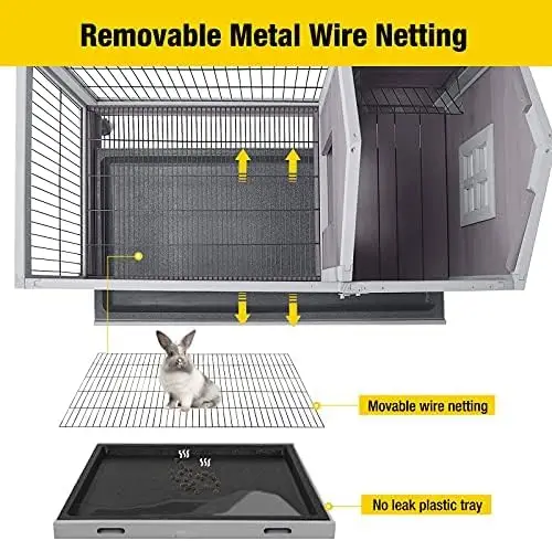 Wooden rabbit huts with detachable wire floor mesh and rabbit cages with deeper leak-proof trays - including 4 wheels