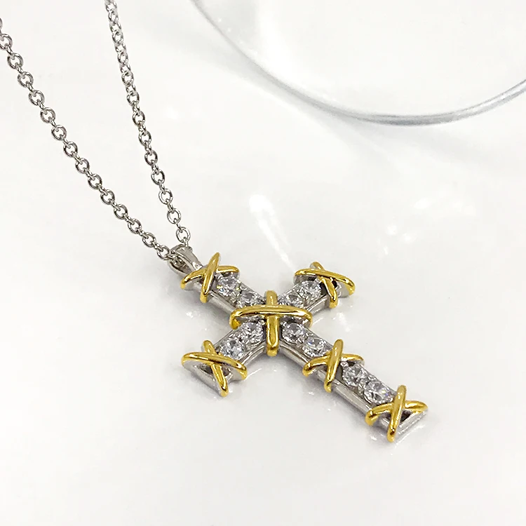New Fashion 925 Sterling Silver Double Gold Plated Necklace Jewelry Cubic Zirconia Cross Necklace