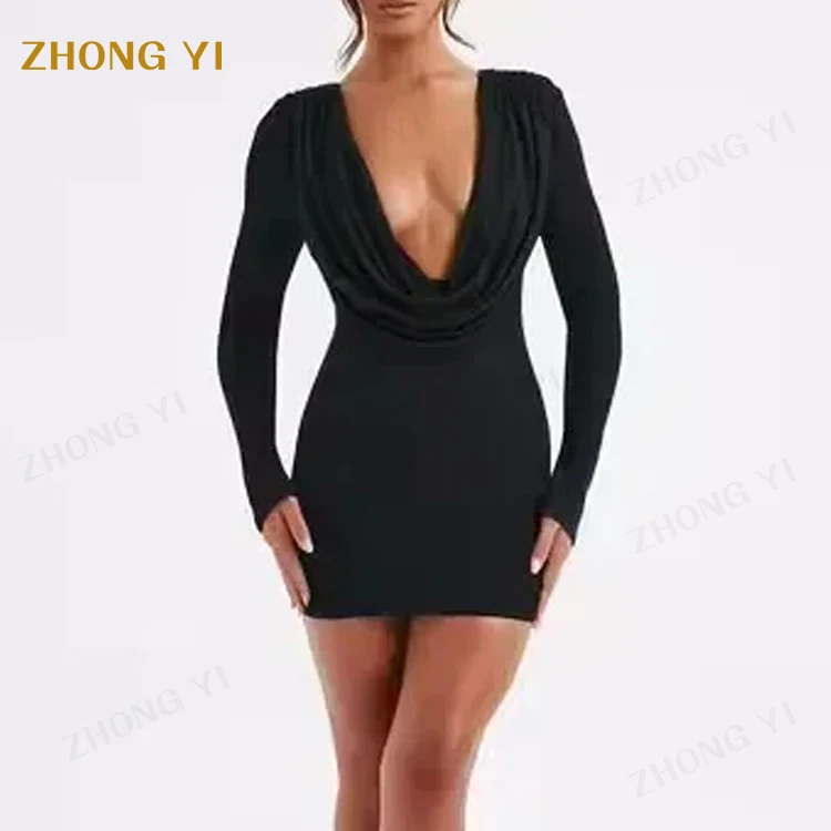 Clothing Manufacturers Custom Latest Fashion Collection Elegant Summer Women Sexy Low Cut Mini Black After Party Dresses