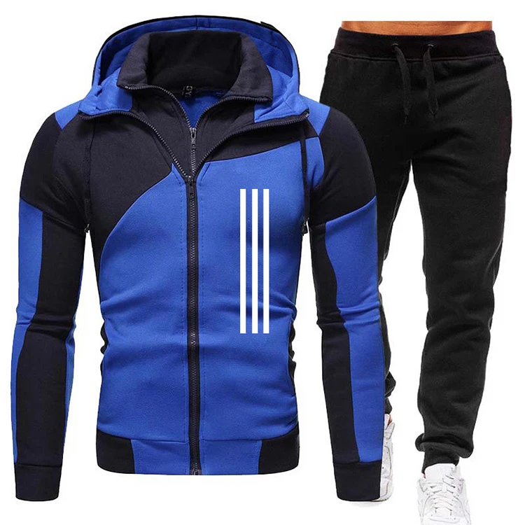 wholesale custom men acid wash black blue patchwork full zip tracksuit vintage long sleeve two layers hoodie and sweatpants set