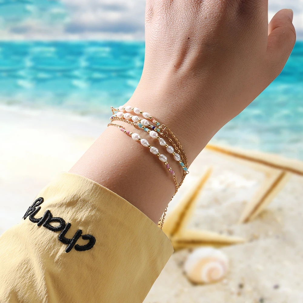Simple Streetwear Cute Pearl Bracelet Glass Seed Beads Gold Color Chain Bracelets For Women On The Hand Charm Jewelry