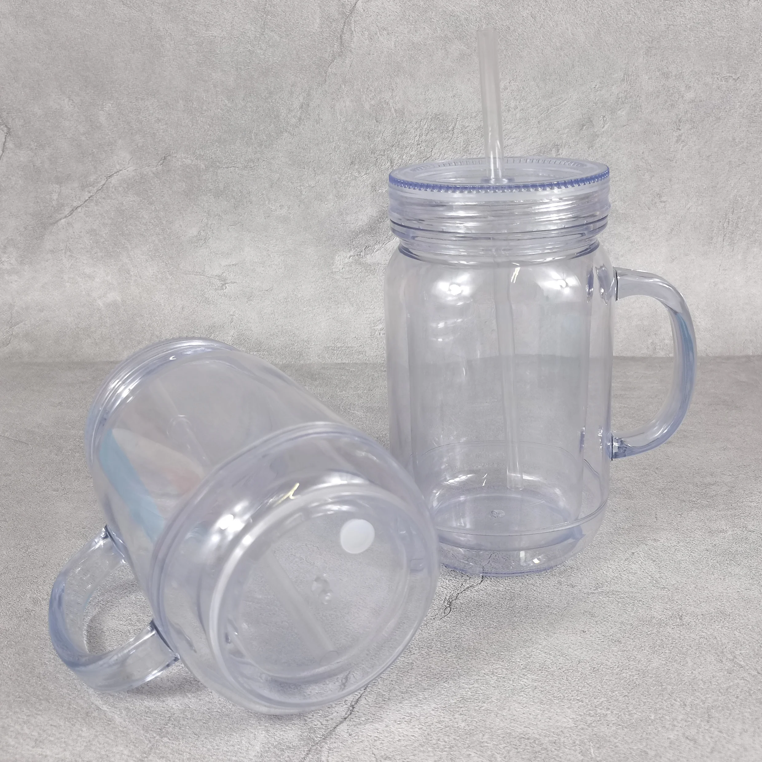 Eco-friendly Acrylic snow globe 20oz clear can cups jar with handle double walled clear plastic water bottle for uv dtf sticker