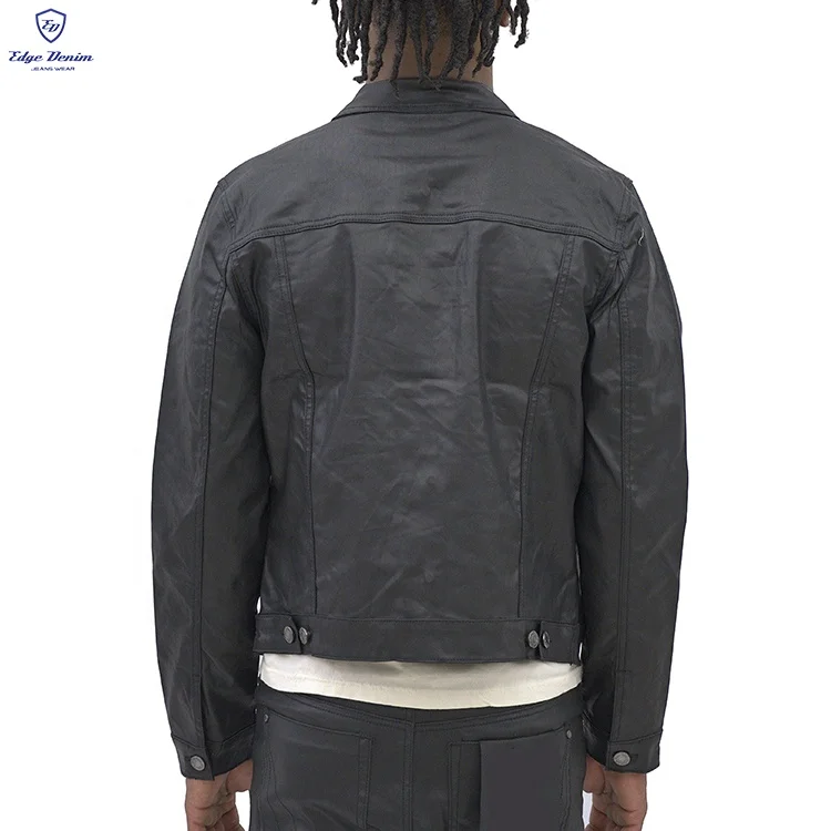 Edge Denim custom black leather wax waxed coat jeans trucker denim men jacket for men