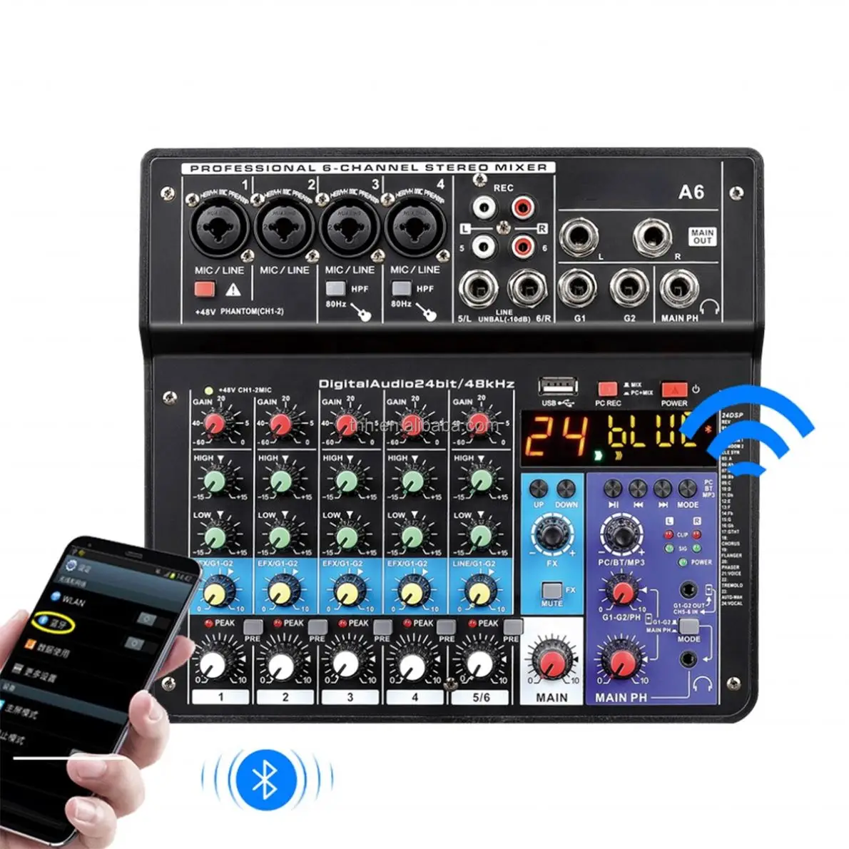 A6 6 Channel Mixing Console Double Seven-segment Equalizer with Monitor 48V Home Computer Live Broadcast Audio Mixer