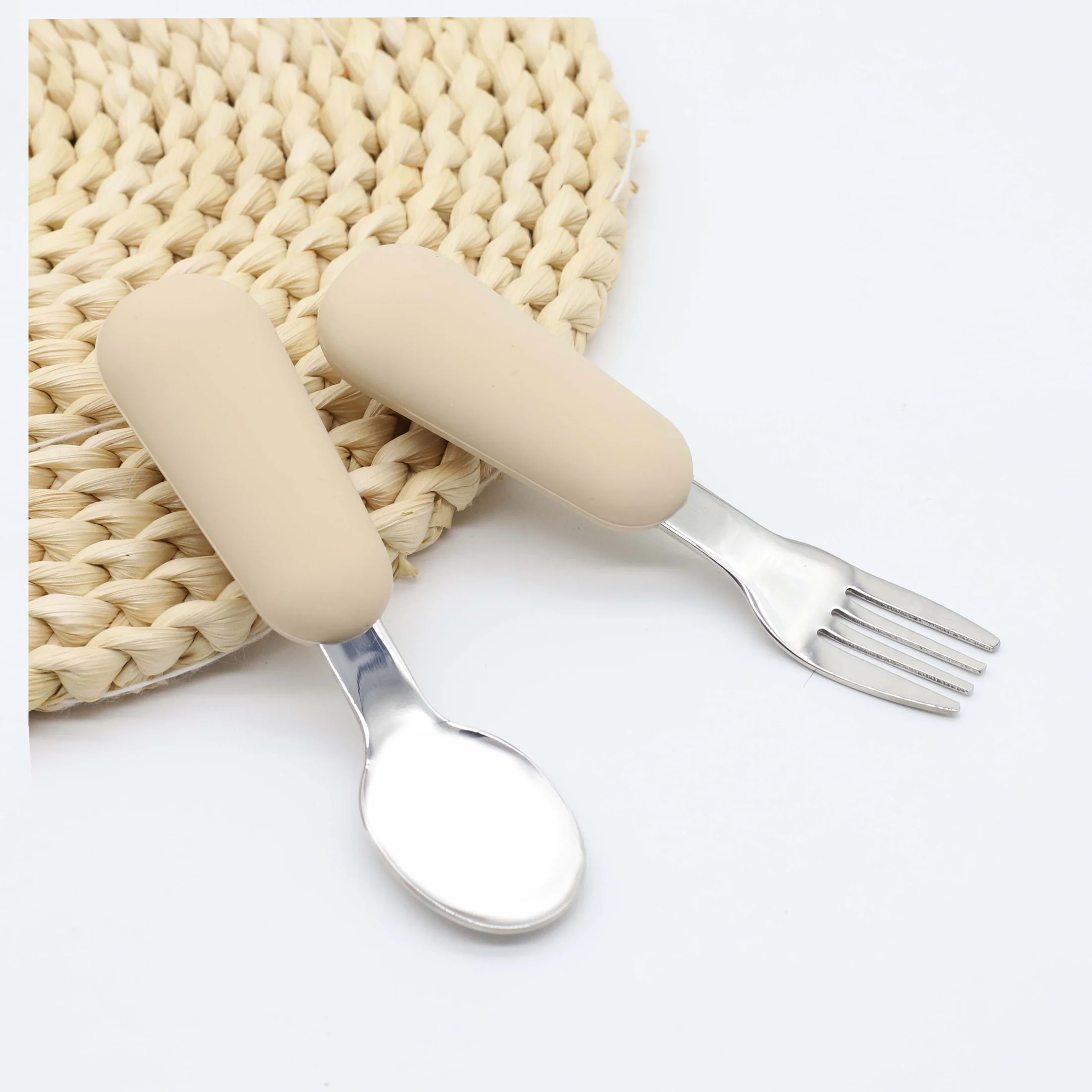 Hot Sale Safety BPA Free Cucharas Set Mini Feeding Wooden Spoon Silicone Baby Spoon Fork Set For Training