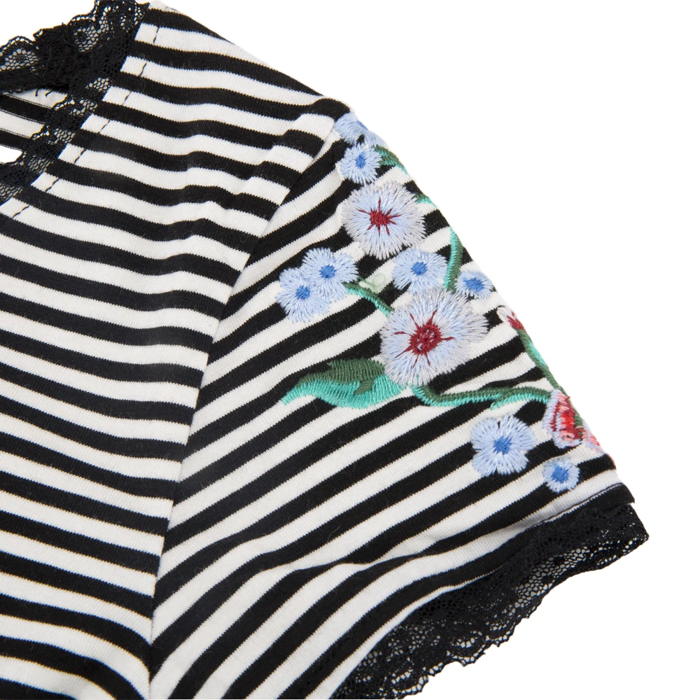 
100% Cotton Baby Girls Ultra Soft Jersey Tshirt Embroidered Short Sleeve Stripe Printed Tees with Lace 