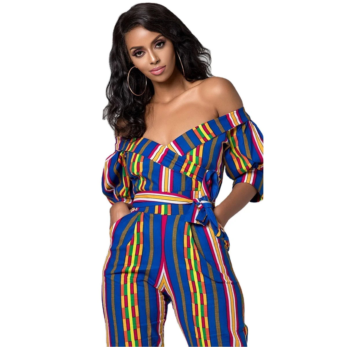 sexy jumpsuit Pantalons Autumn Africa digital printing nightclub Lantern Sleeve off shoulder one-piece pants waist
