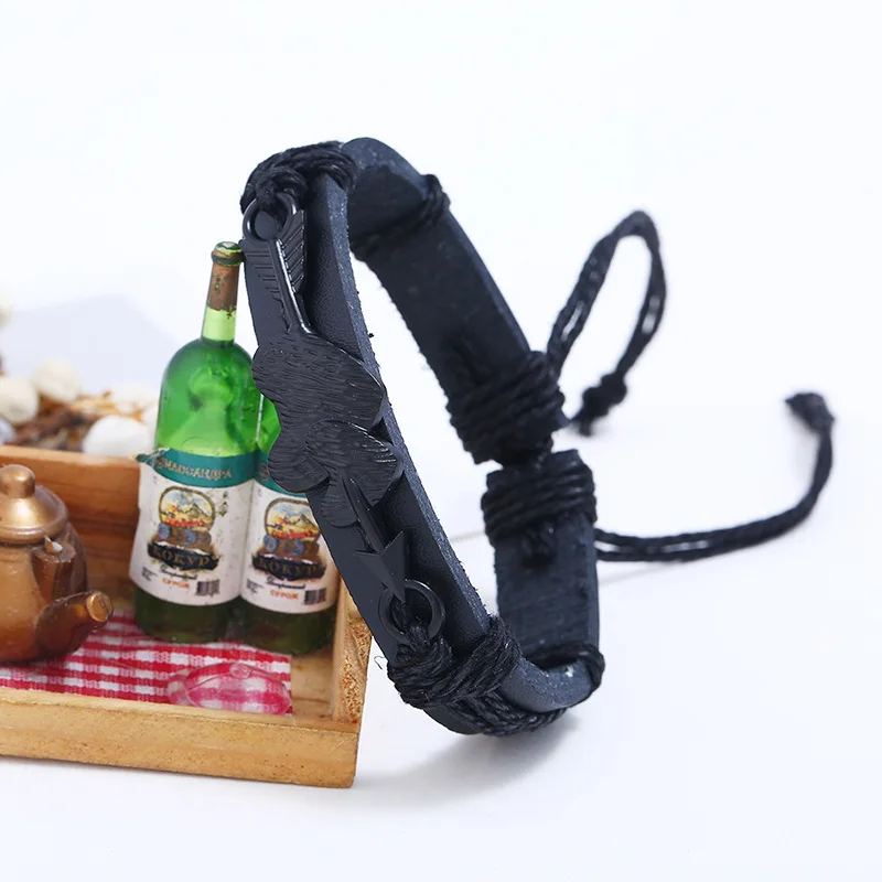 New arriver black metal double heart leather  bangle black and brown imitation leather bracelets charm men jewelry