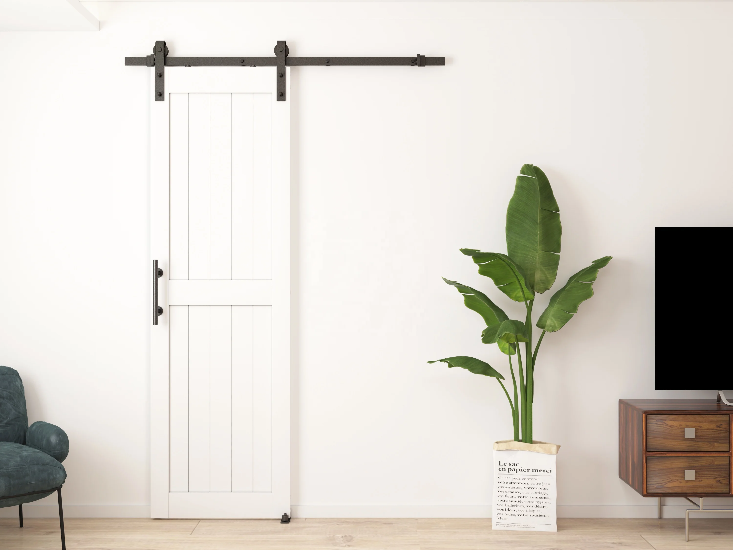 MDF Waterproof PVC Coating, H frame White Barn Door Slab with hardware kit,