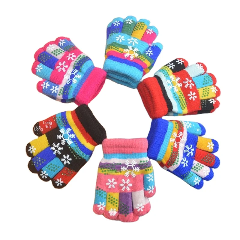Детские перчатки с пятью пальцами для малышей на осень и зиму симпатичные цветные снежинки мальчиков девочек студентов двухслойные утепленные