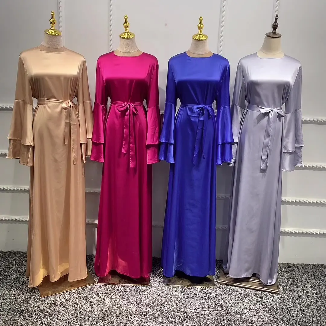 2021 modern fashion satin abaya ruffles sleeve Ramadan Muslim dress women  Dubai Turkish  long dress muslim islamic clothing