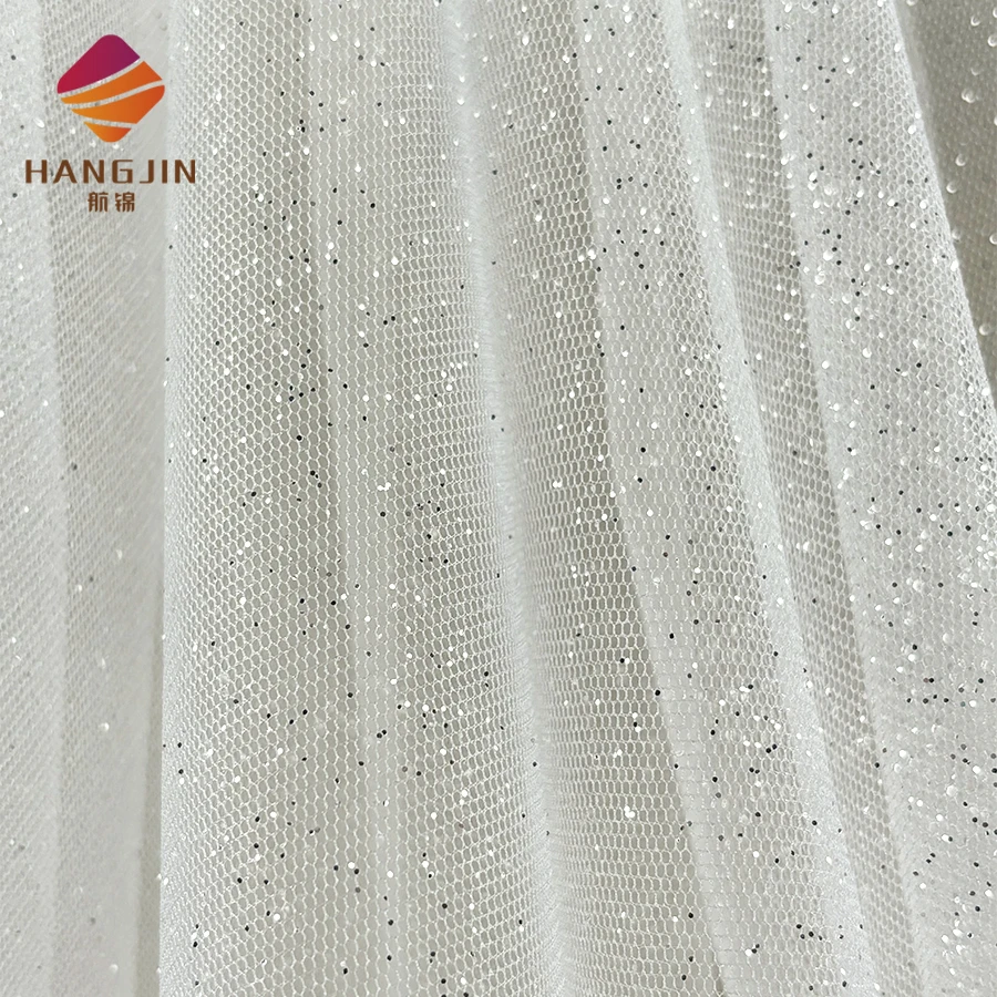 Luxury Shining Silver Sequins Powder Spraying Glued Glitter White Tulle Fabric Lace Ivory Shimmer Mesh Fabric For Wedding Dress