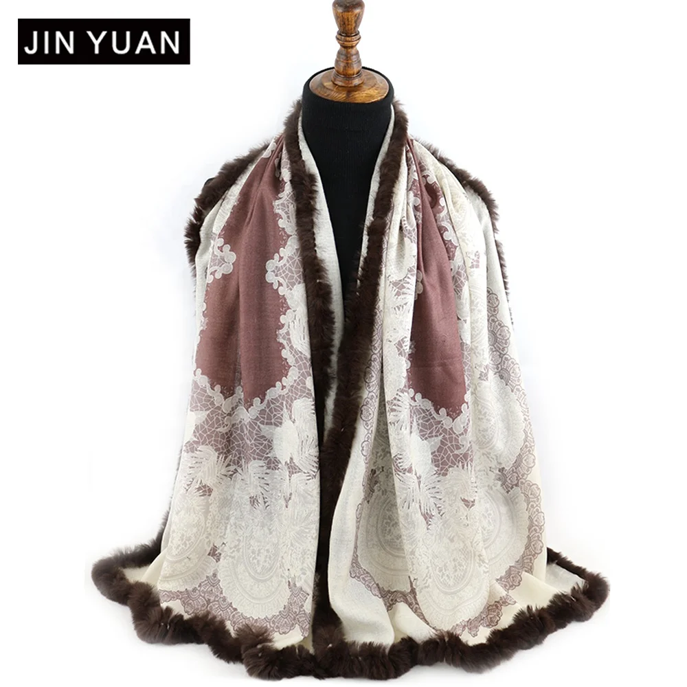 designer winter women wool scarves Shawl custom Ladies girls warm merino wool printed scarf with rex rabbit fur