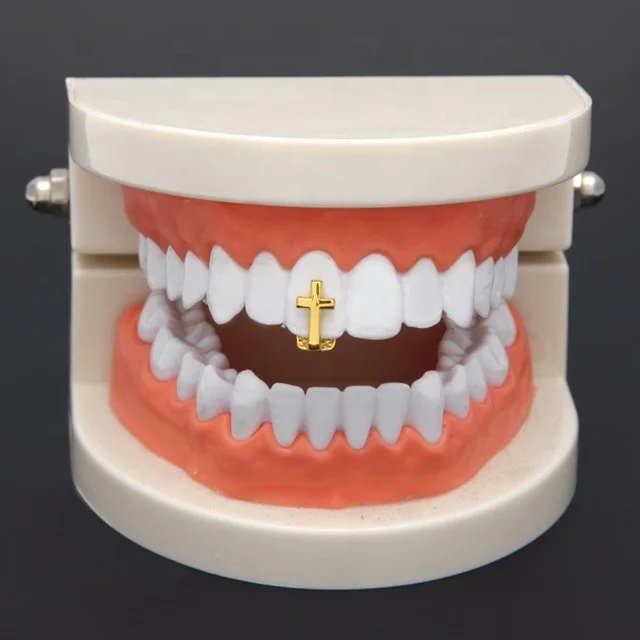 Top Grill Body Jewelry Single Cross Tooth Grillz Bling Gold plated Teeth Grills Hiphop Jewelry