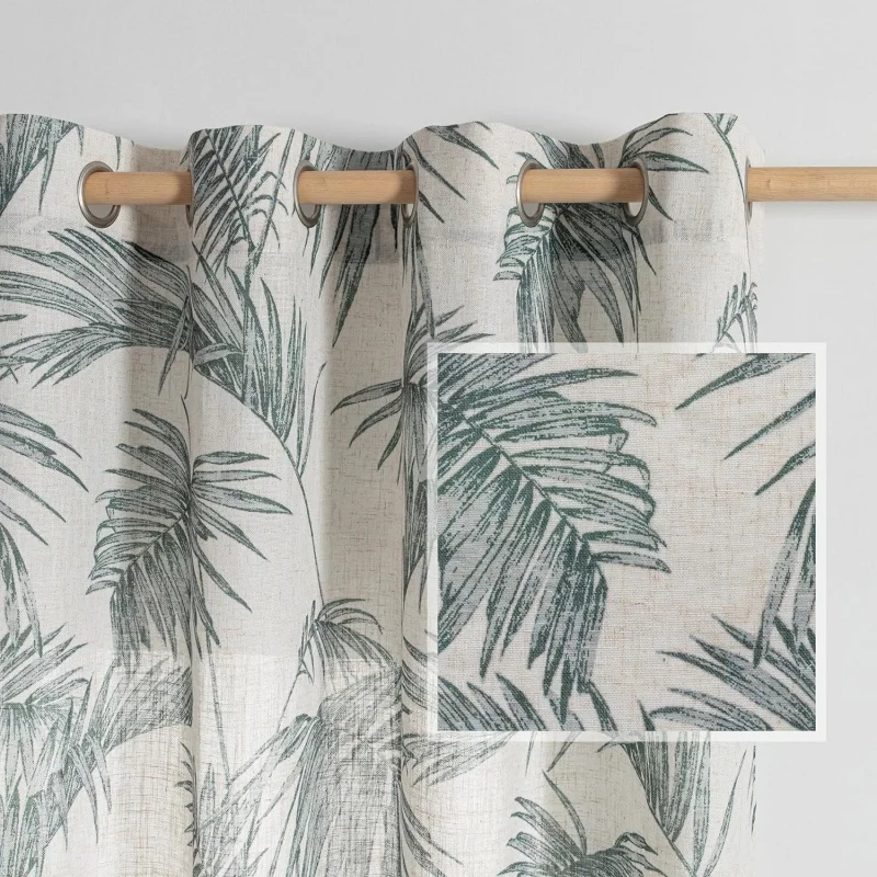 2 Panels Tropical Palm Leaves Plant Floral Pattern Linen Window Curtain/