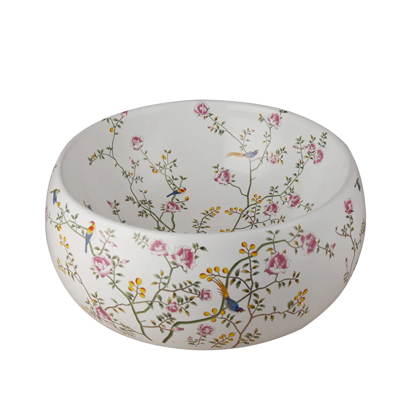 Flower Ceramic Basin Bowl Vanity Vessel Sink Golden Mixer Faucet+Drain Combo Set