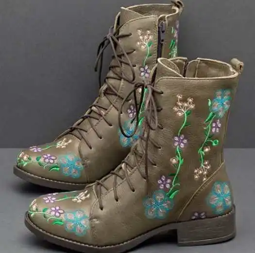 
Latest Stylish Designer Customized Leather Floral Embroidered Chunky Heel Ankle Ladies Boots ankle boots designer boots 