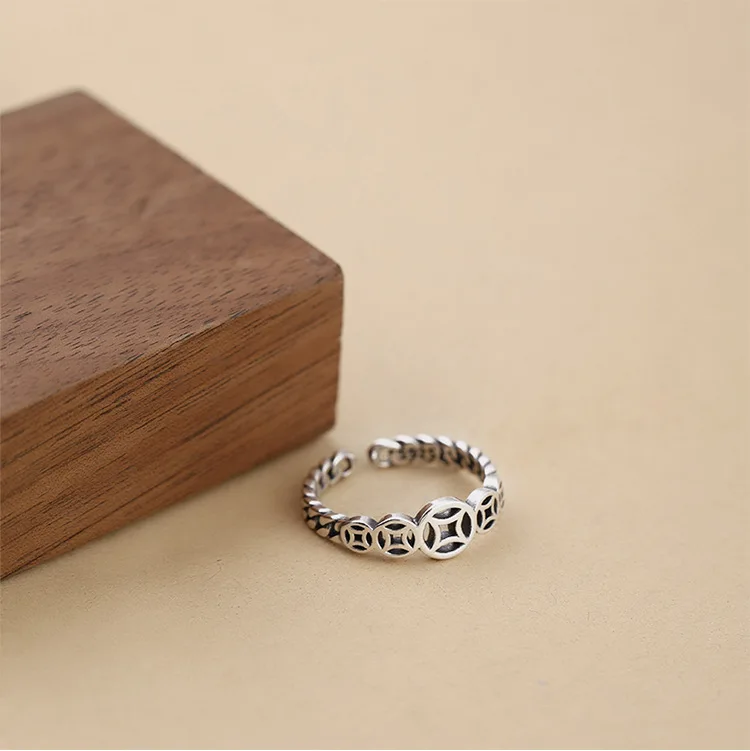 Fashionable Light Luxury Hollow Copper Coin Open Ring s925 Pure Silver Ring Cool Style Female Ring Handmade Jewelry