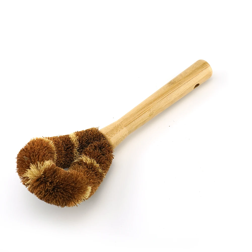 Hot seller Natural Coconut Palm Pot Brush A Wooden Handle Hang Rope Kitchen Pans Dishes Cleaning Brushes Dish Brush