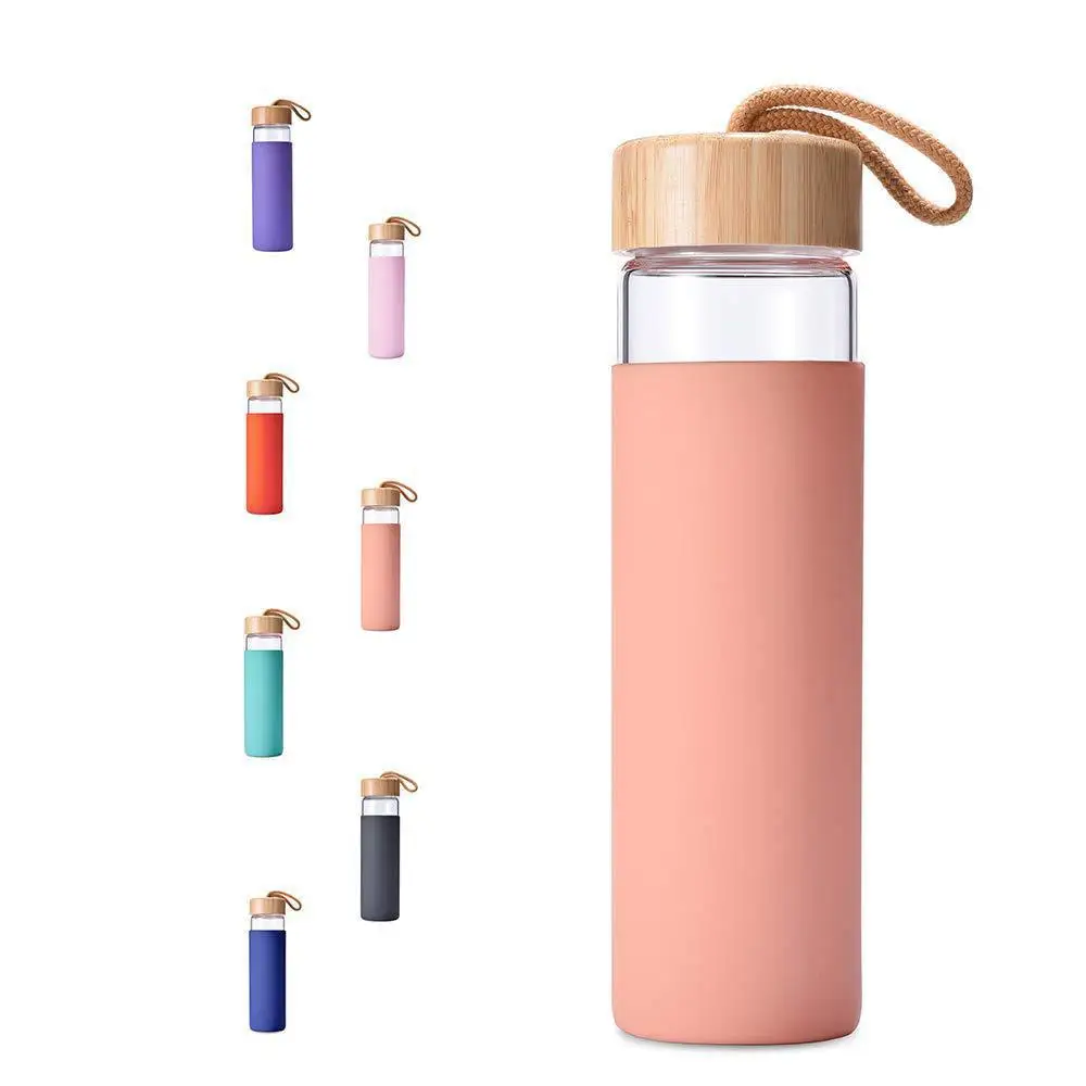 Factory Wholesale Custom Borosilicate Glass Tumbler Glass Water Bottle With Straw Silicone Sleeve Bamboo Lid