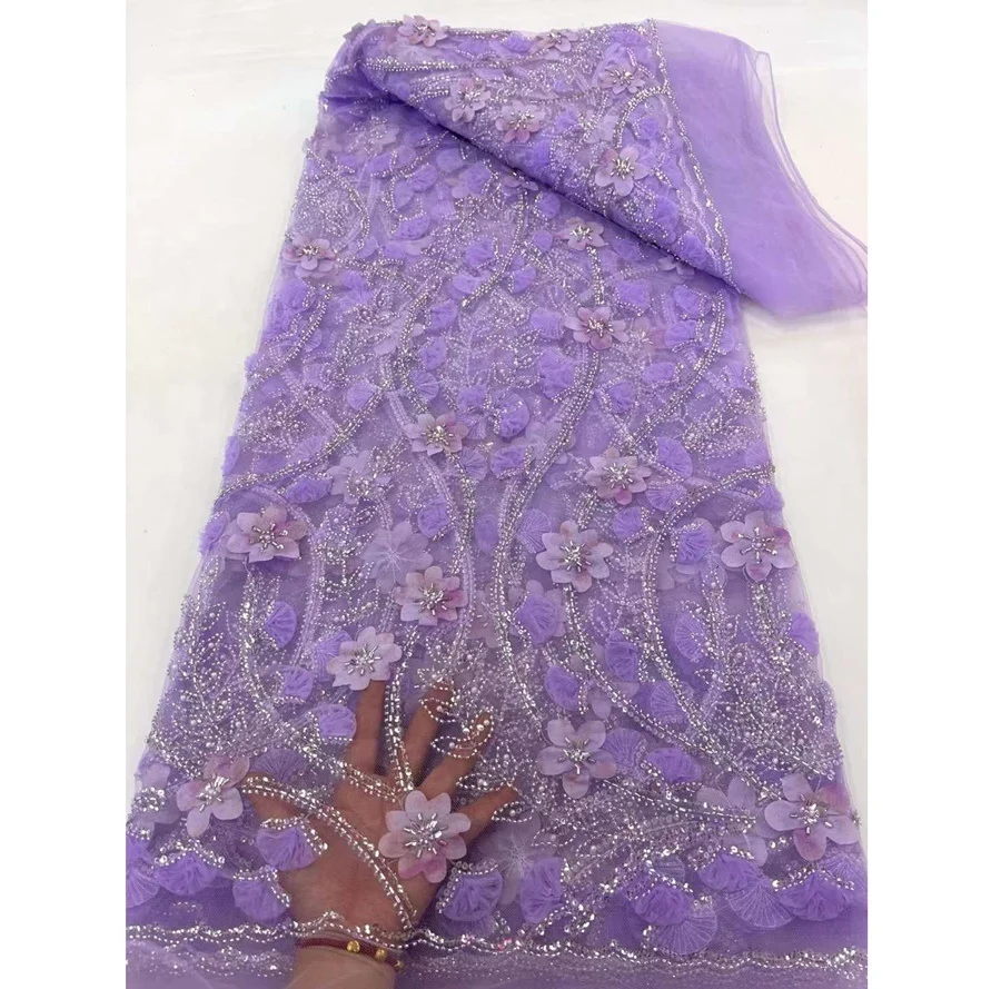 African Lace Fabrics Shiny Sequins Beads French Tulle Net Embroidered Fabric With 3D Flower For Wedding Dress Wholesale