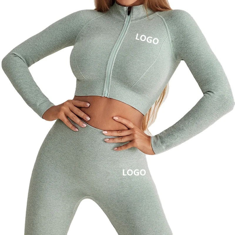Women Seamless Yoga Gym Active wear Set Women Sportswear 2 Pieces Crop Top Jacket And Leggings Sets Jogging Sweatsuits