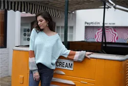 Хит продаж, женский полосатый пуловер с v-образным вырезом и рукавами-фонариками, свитер плюс размера, свитера в полоску