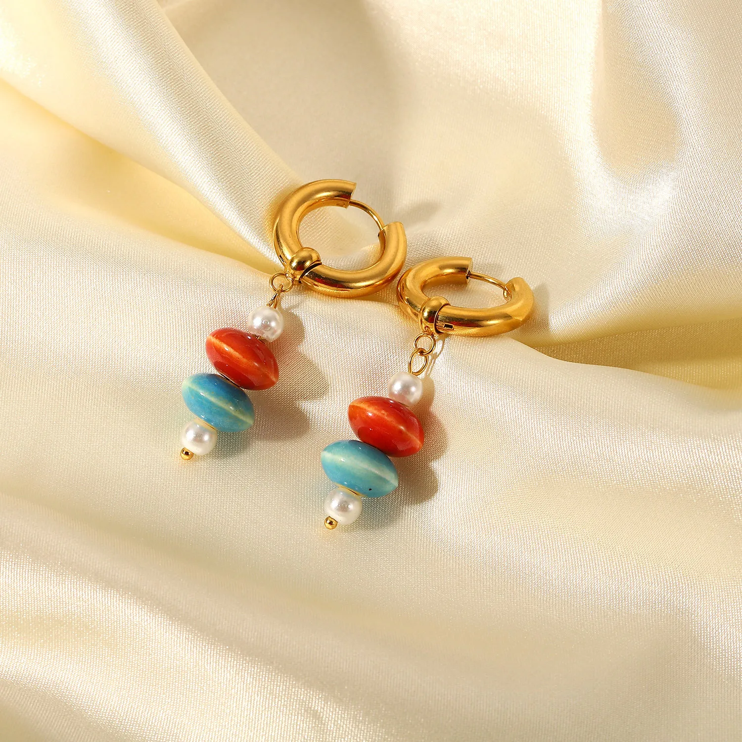 New French Court Style Color Ceramic Bead Hoop Women Gift Stainless Steel Gold Plated Pendant Earrings