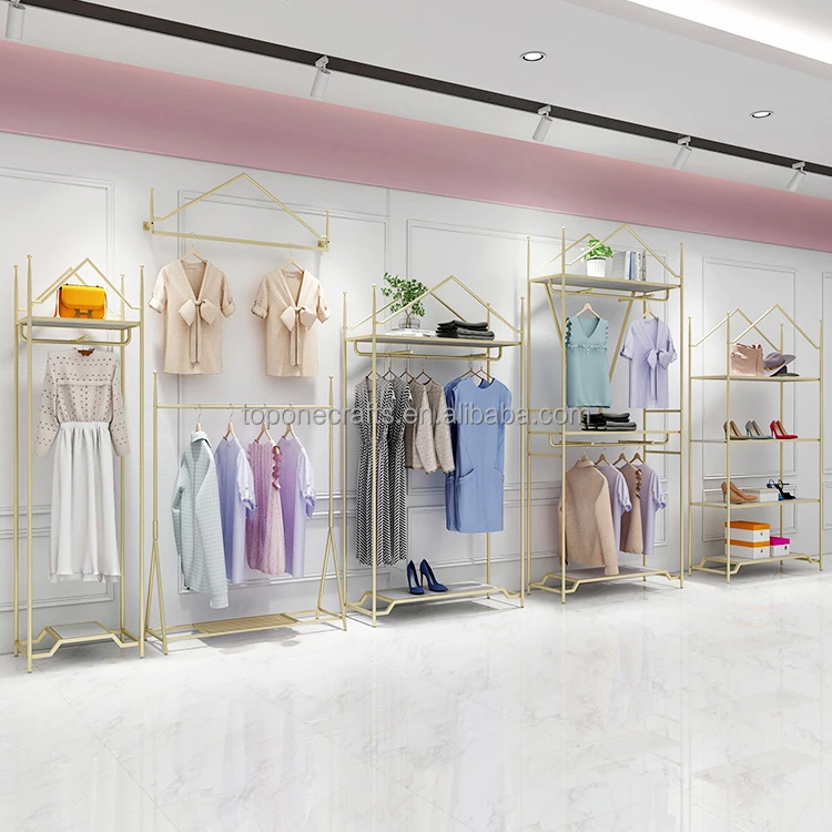 Custom Clothing Store Furniture Gold Clothing Wall Rack Nesting Table Garment Shelving Clothes Display Rack For Boutique