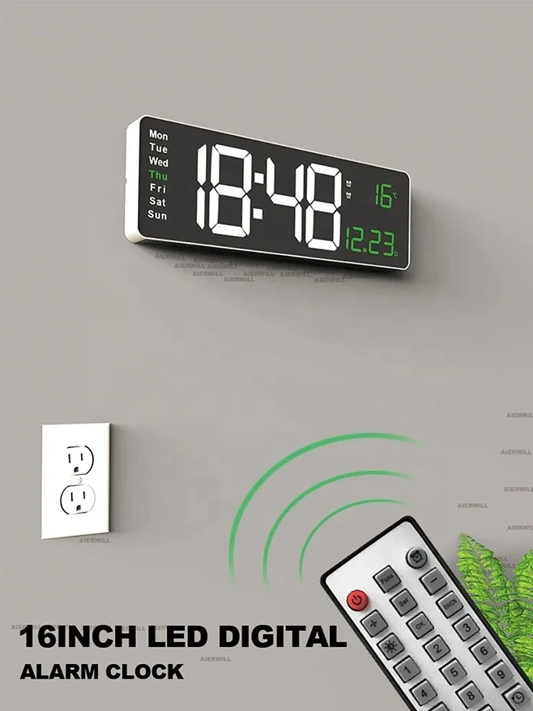 Digital Wall Clock 16inch Large Alarm Clock Remote Control Date Week Temperature Watch Dual Alarms LED Display Clock
