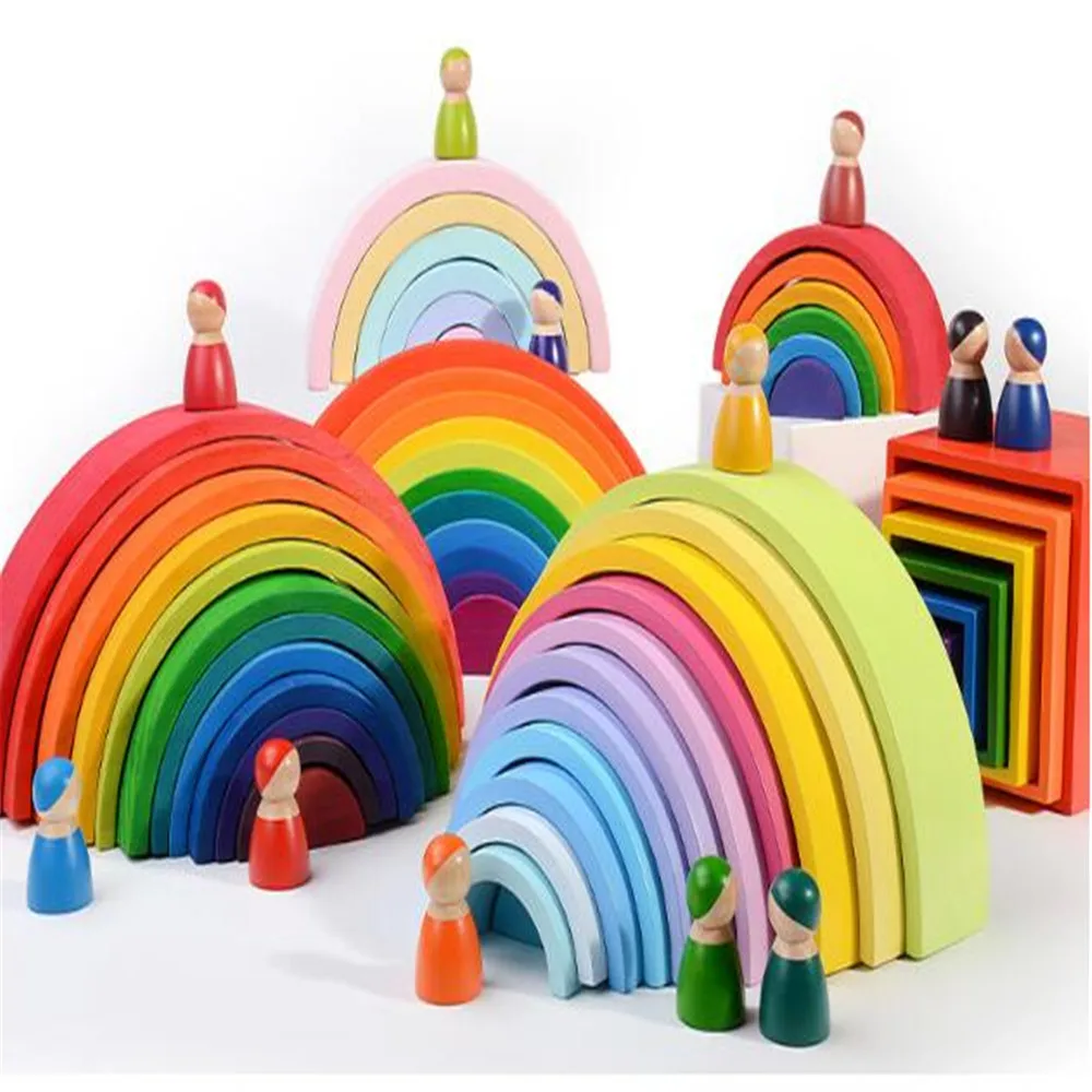 Hot Amazon Wooden juguetes Montessori Rainbow Stacker Block Puzzle Games
