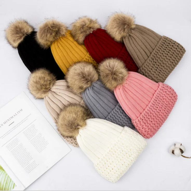 Wholesale Winter Adults Kids Hat Pompom Knit Hats Beanie  Fur Ball Cap for Girls Boy Beanies Toddler Accessories