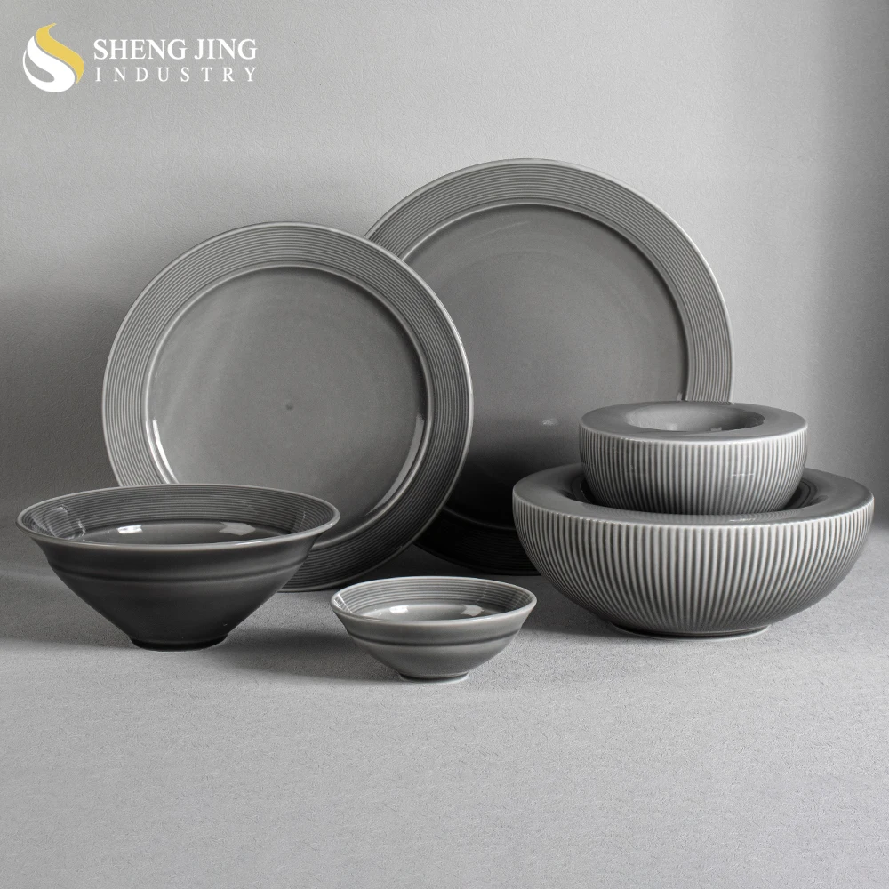 Wholesaler Stock Sustainable Kiln Gray Glaze Ceramic Tableware Hotel Catering Porzellan Platos Dinnerware Sets Restaurant Use