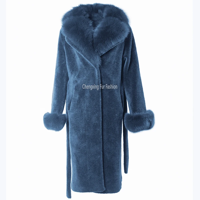CX-G-T-74D Fox Fur Shawl Collar and Cuffs Decorative Warm Shearing Sheep Wool Jacket Winter Fur Coat